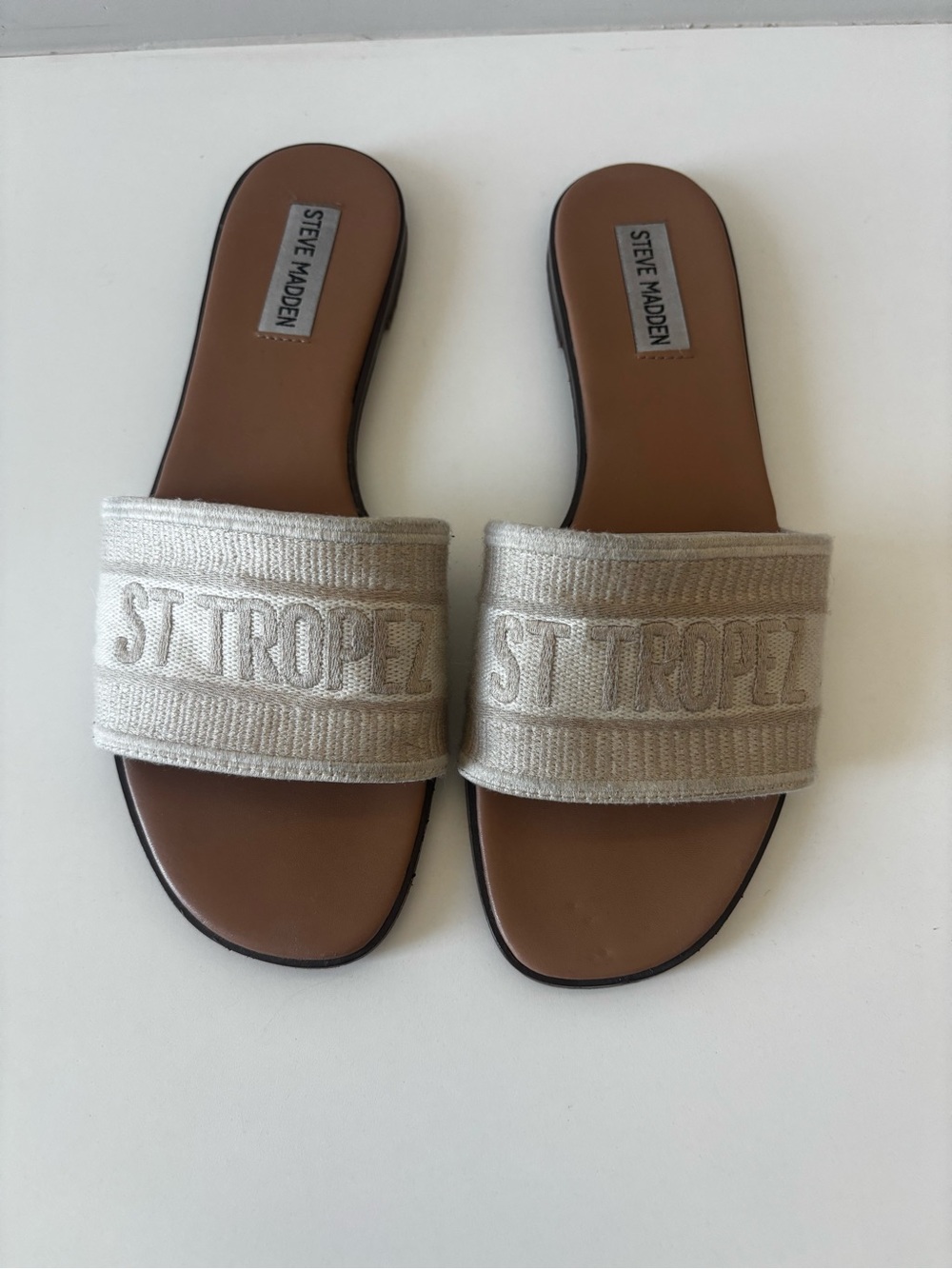 Steve Madden St. Tropez Embroidered Slide Sandals in Beige